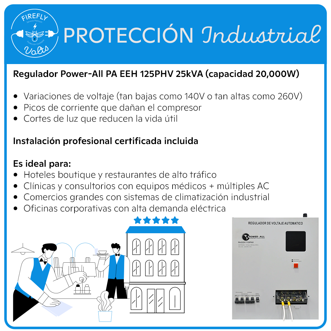 Protección Industrial para 5-6 Aires Acondicionados | Regulador 220V 25kVA | Instalación Incluida